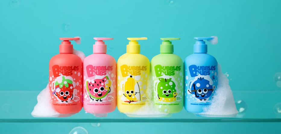 Bubbles and Bubs - 3 in1 formula, Five colorful shampoos,body washes and bubbles with fruity friends cartoon characters on a blue background with bath bubbles.