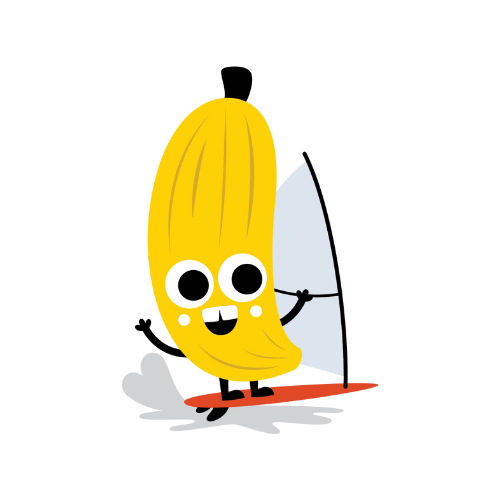 Sunny the banana character surfing over a white background