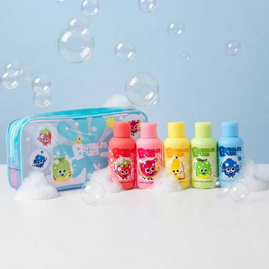 bubbles and bubs travel size pack - shampoo, body wash and bubbles 3 in 1 formula, five scents and bath foam around