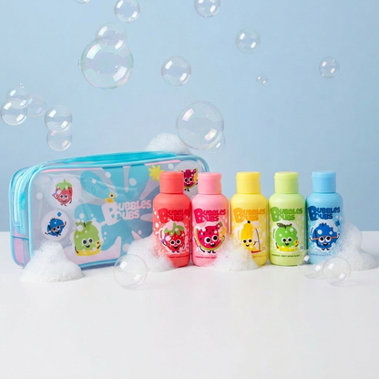 bubbles and bubs travel size pack - shampoo, body wash and bubbles 3 in 1 formula, five scents and bath foam around