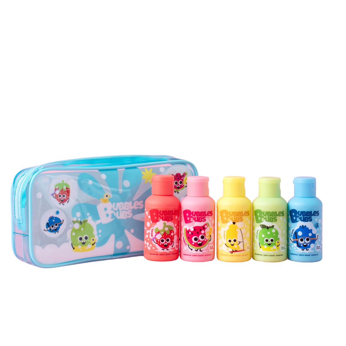bubbles and bubs 3 in 1 formula - shampoo, body wash and bubbles for kids and sensitive skin travel size pack (5 scents) over a white background