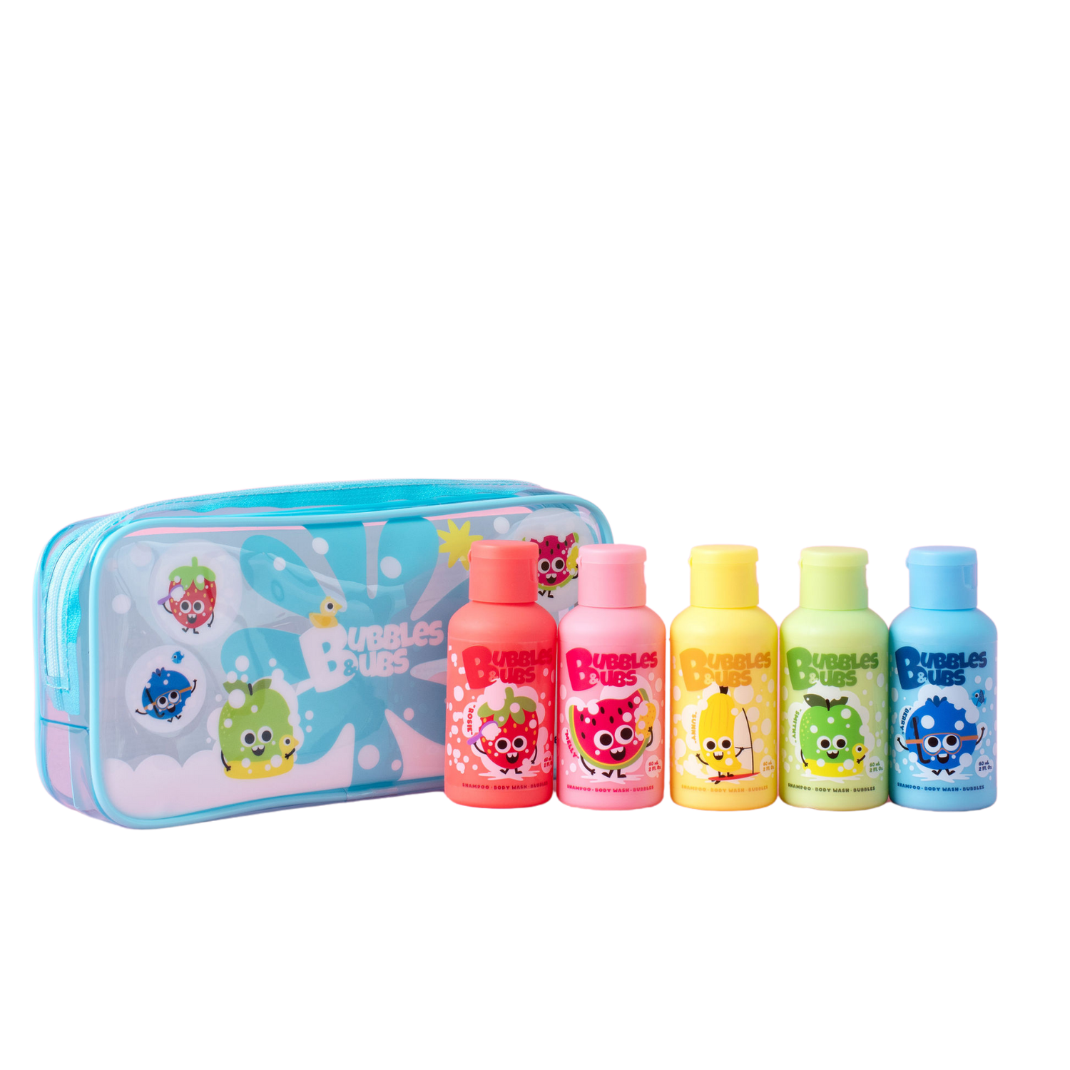 bubbles and bubs 3 in 1 formula - shampoo, body wash and bubbles for kids and sensitive skin travel size pack (5 scents) over a white background