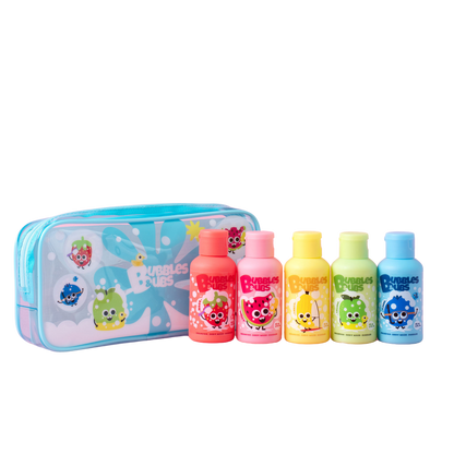 bubbles and bubs 3 in 1 formula - shampoo, body wash and bubbles for kids and sensitive skin travel size pack (5 scents) over a white background