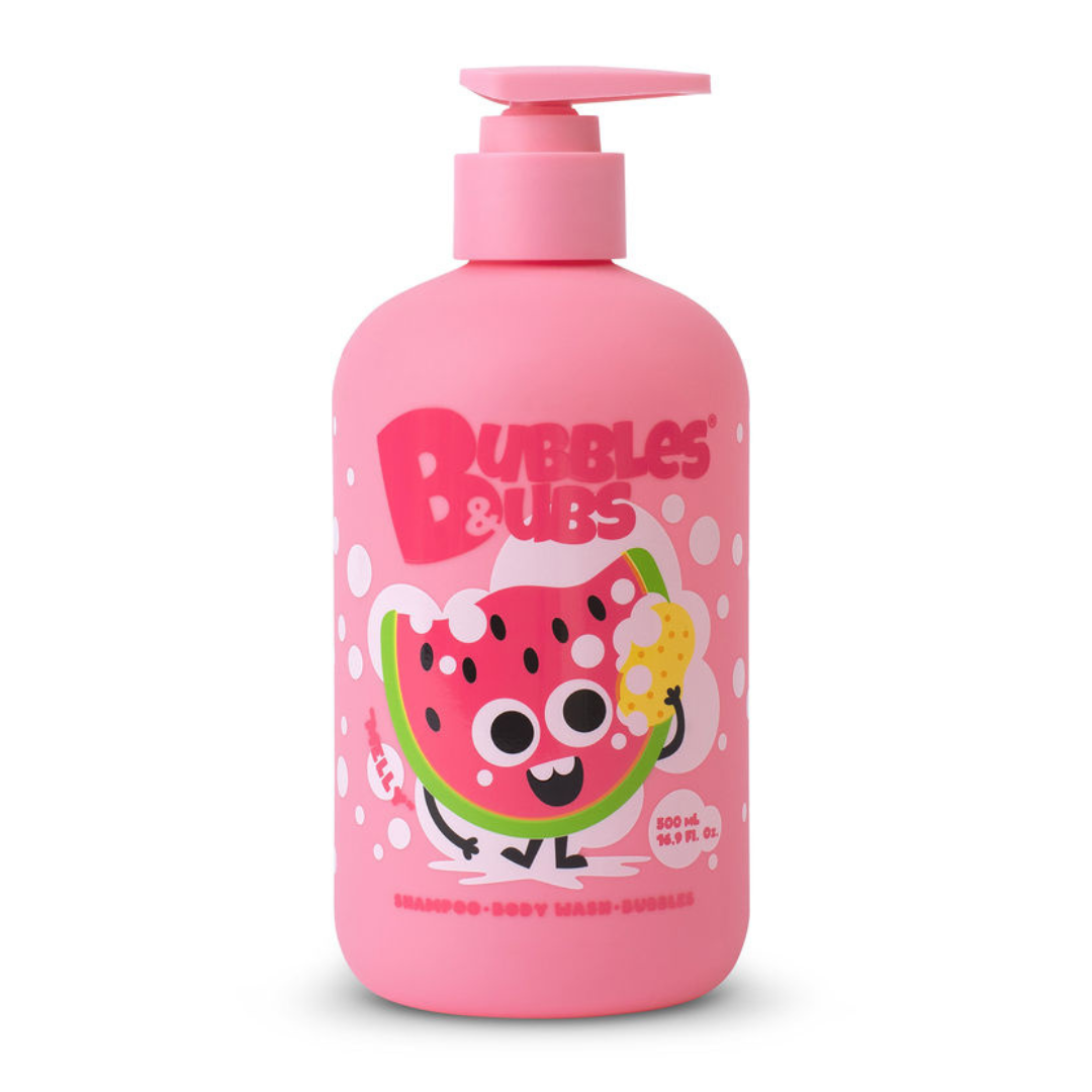 A pink bottle of Melly the watermelon 3 in 1 formula:bath bubbles, shampoo and body wash from Bubbles &amp; Bubs.