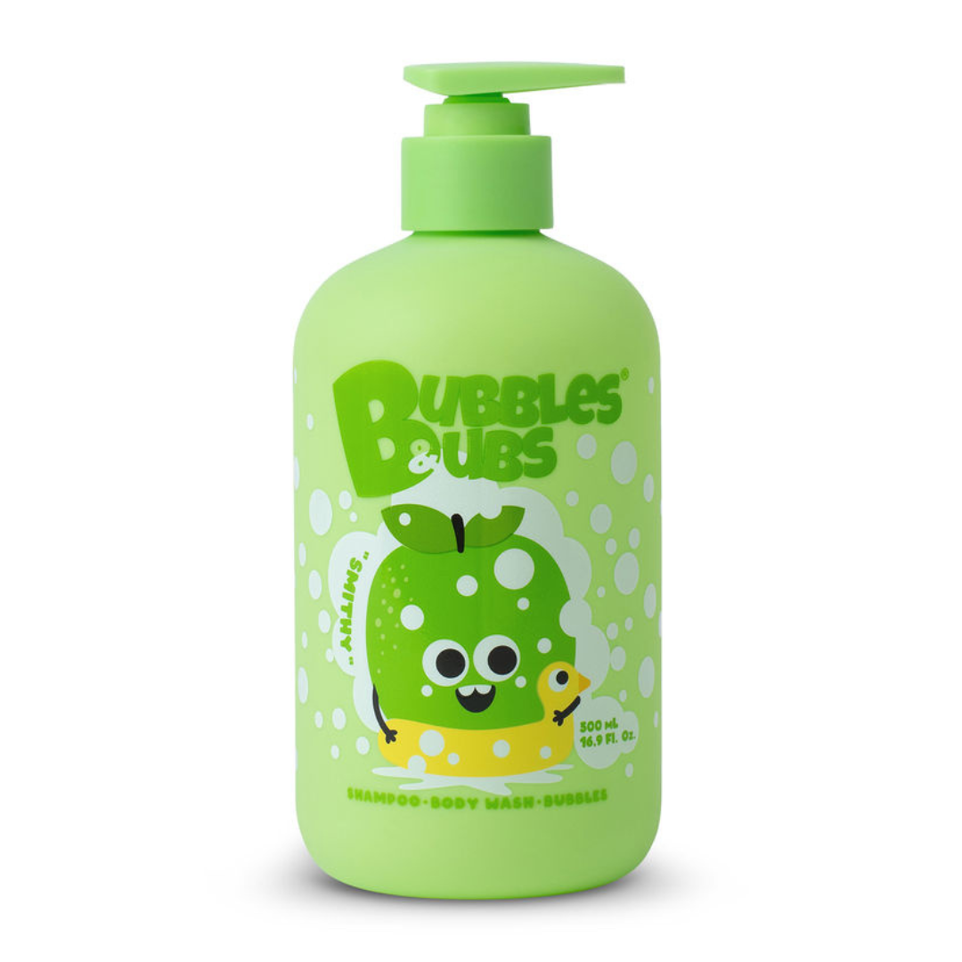 A green bottle of Smithy the Apple shampoo, bubbles and  body wash with a pump dispenser.